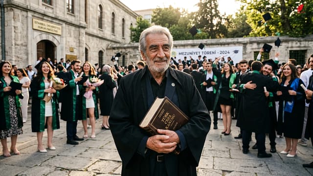 حسن آیواچی در لباس فارغ‌التحصیلی حقوق در سن ۷۹ سالگی در دانشگاه ارجیس