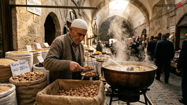 دیگ بزرگ آشوره در حال پخت در بازاری در قونیه ترکیه