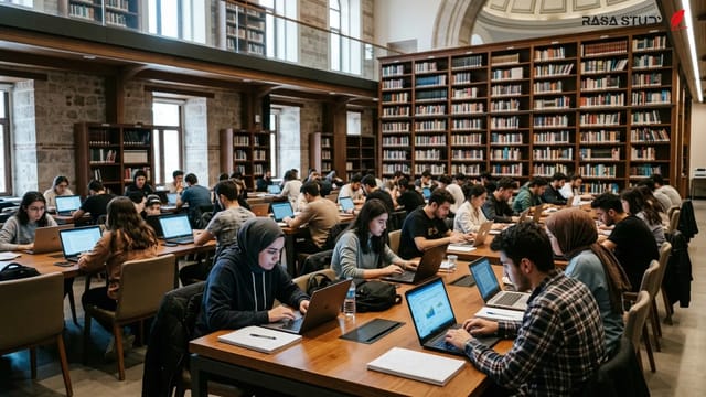 دانشجویان در یک کتابخانه مدرن در حال استفاده از تبلت و کتاب‌خوان‌های الکترونیک