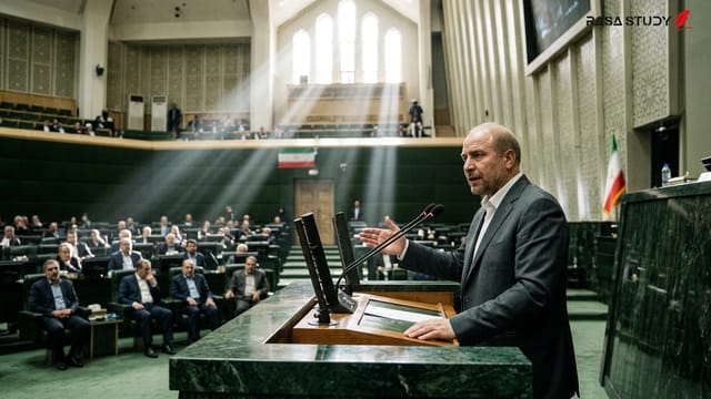 محمدباقر قالیباف، رئیس مجلس شورای اسلامی ایران در حال سخنرانی