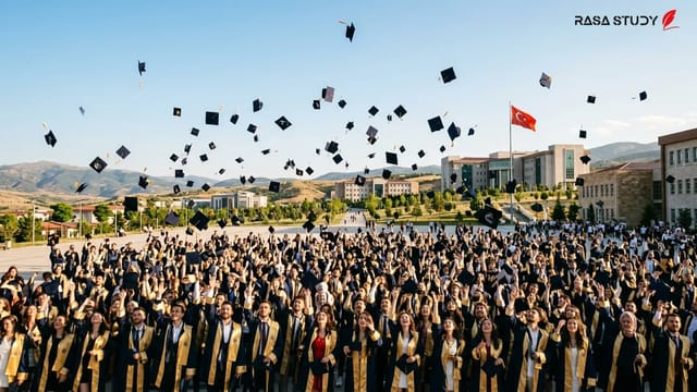 دانشجویان دانشگاه چانکیری کاراتکین در حال پرتاب کلاه در مراسم فارغ‌التحصیلی ۲۰۲۶