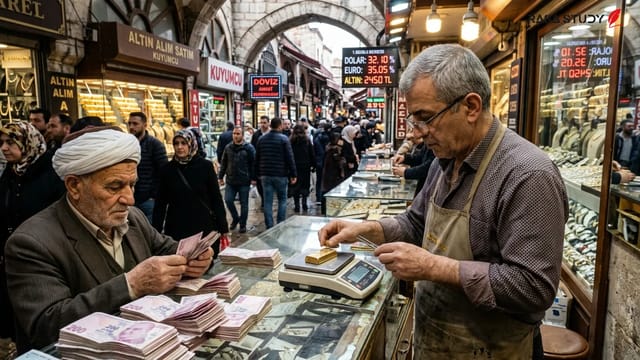 نمایی از شمش‌های طلا و سکه‌های لیره ترکیه در بازار