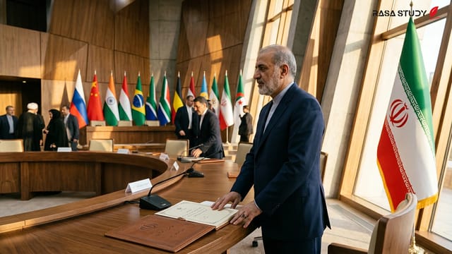 تصویری از پرچم ایران و نمادهای دیپلماسی بین‌المللی در یک کنفرانس خبری
