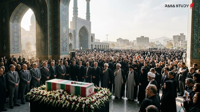 تابوت آیت‌الله خامنه‌ای در مصلای تهران در میان جمعیت عزادار و مقامات خارجی