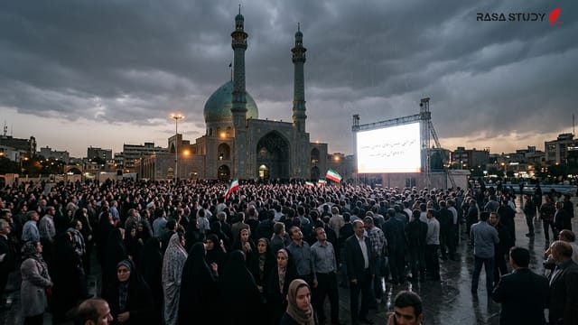 تصویر نمادین از پرچم ایران و ایالات متحده در کنار نمادهای اسلامی