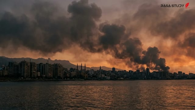 نمایی از دود ناشی از انفجار در بیروت و پرچم ایران و اسرائیل