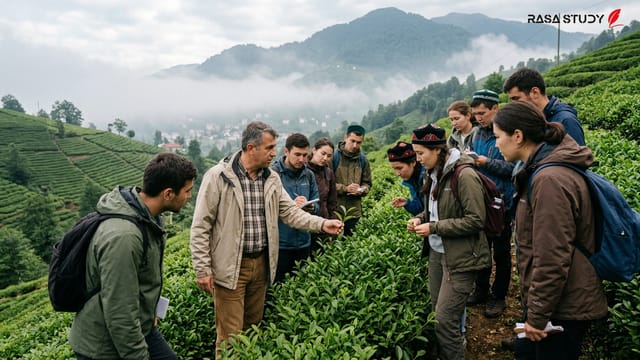 دانشجویان و اساتید قزاقستانی در حال بازدید از مزارع چای و دانشگاه رجب طیب اردوغان در ریزه