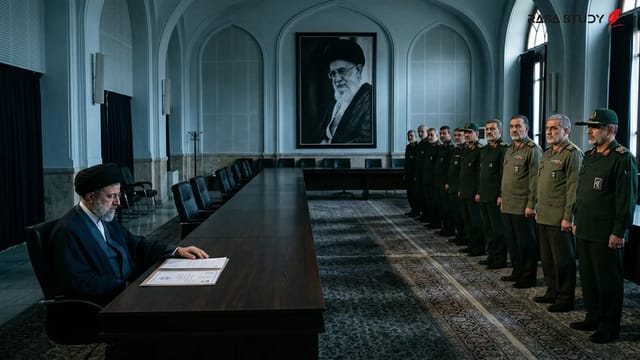 تصویری از مجتبی خامنه‌ای در کنار پرچم ایران و نماد سپاه پاسداران که نشان‌دهنده تنش‌های سیاسی داخلی است.