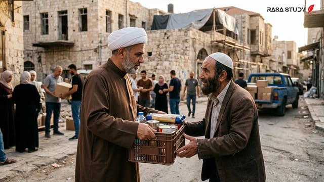تصویری نمادین از همکاری رهبران مذهبی مختلف در حال توزیع کمک‌های بشردوستانه