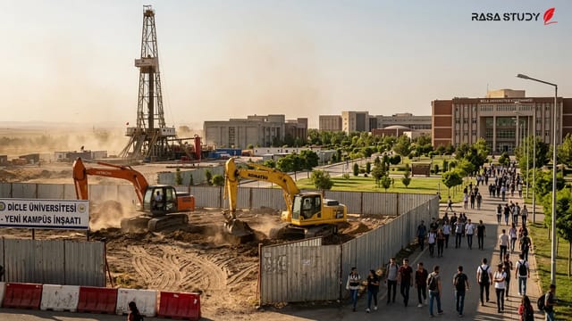 نمایی از دکل‌های حفاری نفت و محوطه دانشگاهی در ترکیه