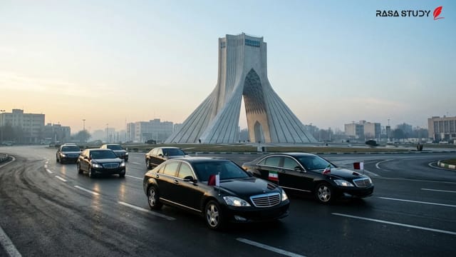 هیئت دیپلماتیک قطر در حال ورود به ساختمان وزارت امور خارجه در تهران برای مذاکرات میانجیگری