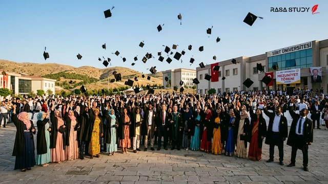 دانشجویان بین‌المللی دانشگاه سیرت در حال پرتاب کلاه‌های فارغ‌التحصیلی در مراسم سال ۲۰۲۶