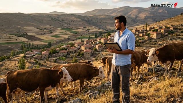دانشجوی جوان در حال مدیریت واحد دامداری خود در روستا
