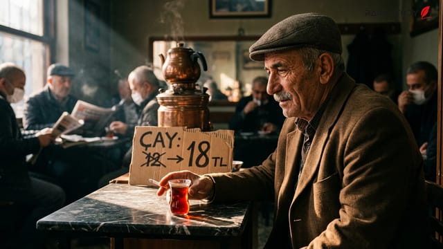 استکان چای ترکی سنتی روی میز چوبی با پس‌زمینه بازار