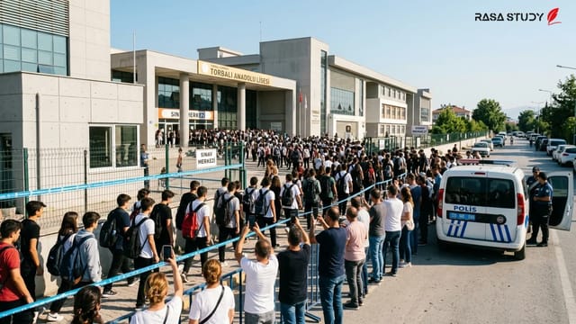 دانش‌آموزان در حال ورود به مدرسه برای امتحان در توربالی
