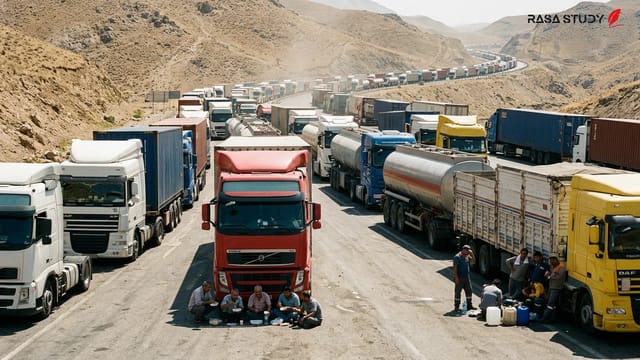 صف کامیون‌ها در مرز بازرگان بین ایران و ترکیه در تابستان ۲۰۲۶