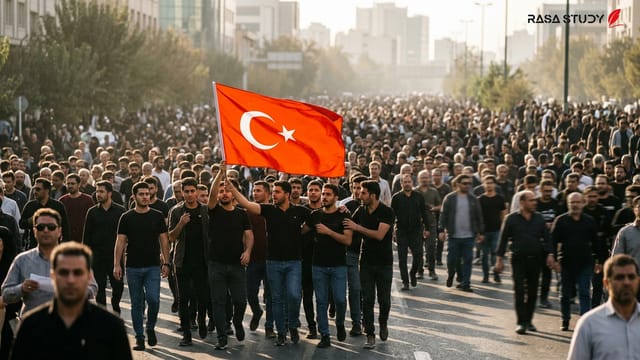 اعضای هیئت ترکیه با پرچم این کشور در میان جمعیت میلیونی در تهران
