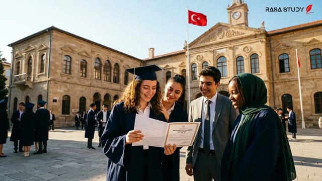 ساختمان وزارت آموزش ملی ترکیه و دانش‌آموزان در حال دریافت دیپلم
