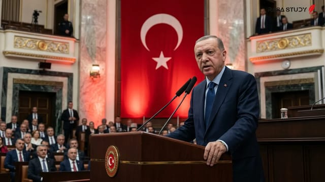 رجب طیب اردوغان در حال سخنرانی در پارلمان ترکیه درباره بحران ایران