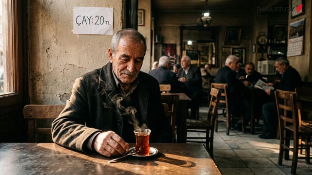 یک استکان چای کمر باریک ترکی روی میز قهوه‌خانه سنتی