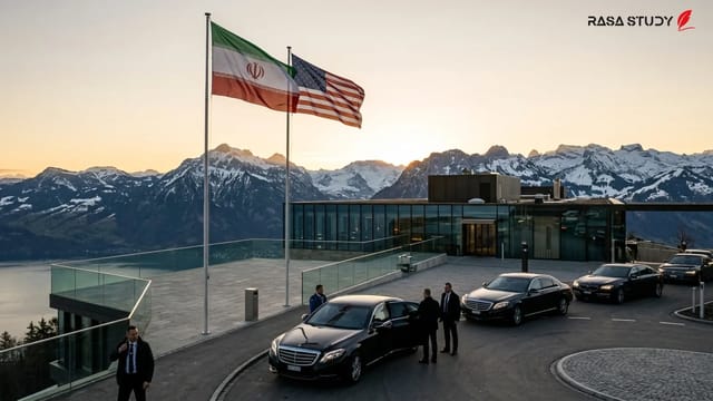 نمایی از کوه‌های سوئیس و پرچم‌های ایران، آمریکا و پاکستان به نشانه توافق صلح ۲۰۲۶