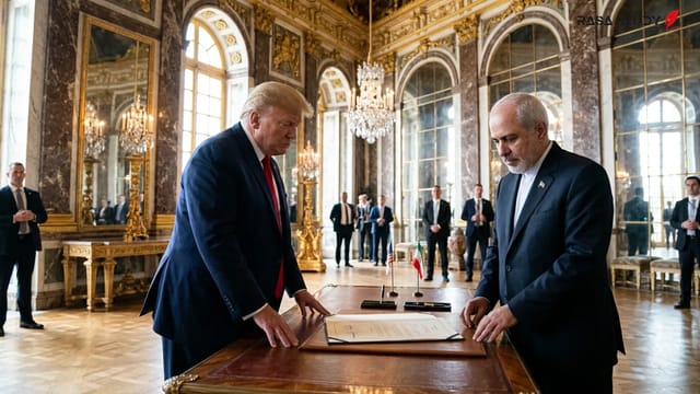 دونالد ترامپ در حال امضای تفاهم‌نامه با ایران در ورسای ۲۰۲۶