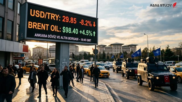 نمودار نوسانات قیمت نفت و پرچم‌های ترکیه و ایران در پس‌زمینه نشست ناتو