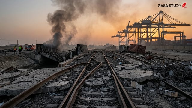 تصویر آرشیوی از ایستگاه راه‌آهن بندرعباس و دود ناشی از انفجار در افق
