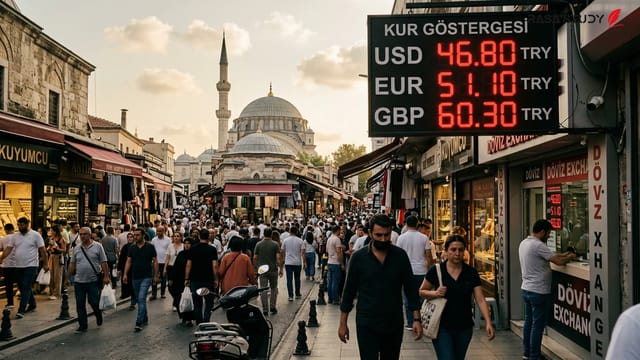 تابلوی صرافی در استانبول نشان‌دهنده نرخ دلار و لیر در سال ۲۰۲۶