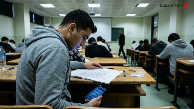 تصویر مفهومی از تقلب در آزمون با استفاده از گوشی موبایل و هوش مصنوعی در جلسه کنکور