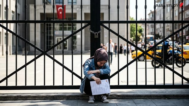 داوطلب کنکور ترکیه که پشت درهای بسته حوزه امتحانی گریه می‌کند