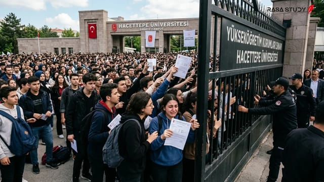 داوطلبان در حال بررسی کارت ورود به جلسه آزمون YKS ۲۰۲۶ ترکیه در مقابل حوزه امتحانی