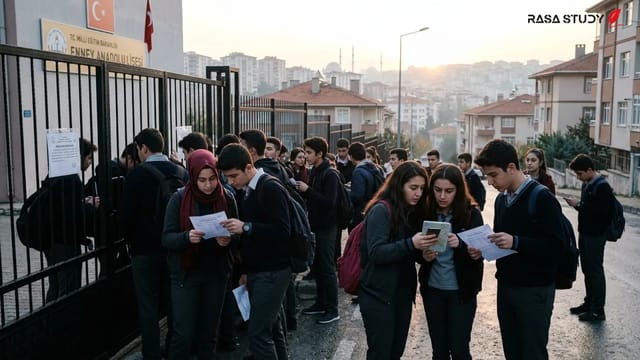 داوطلبان در حال بررسی کارت ورود به جلسه آزمون YKS 2026 در مقابل ساختمان ÖSYM