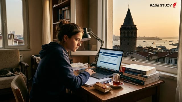 دانشجویان در حال بررسی دفترچه انتخاب رشته YKS 2026 در مقابل لپ‌تاپ