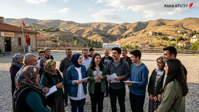 دانش‌آموزان و مقامات محلی آکینجیلار در مراسم روحیه‌بخشی قبل از آزمون YKS