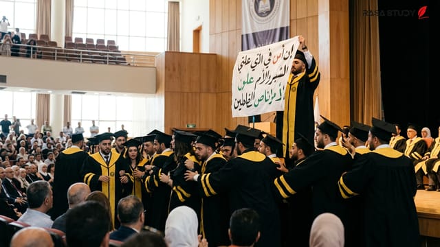 دانشجویان در حال حمل بنر در مراسم فارغ‌التحصیلی دانشگاه یدی‌تپه