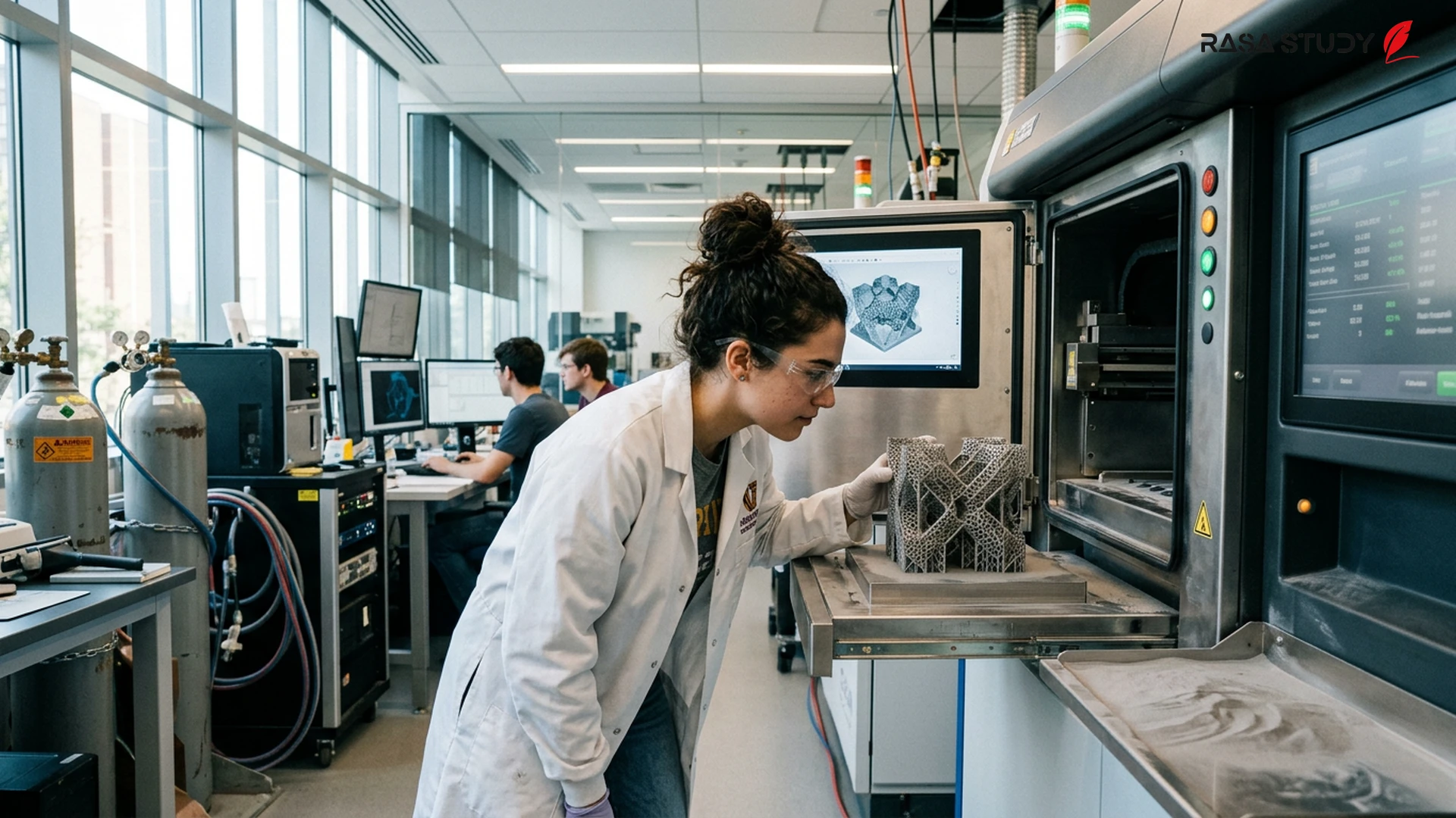 Students working with advanced industrial 3D printers in a modern university laboratory