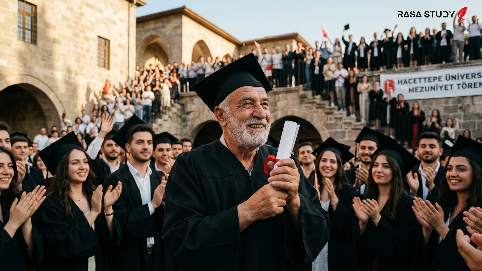 رجل يبلغ من العمر 76 عاماً يرتدي ملابس التخرج ويبتسم أثناء استلام الشهادة