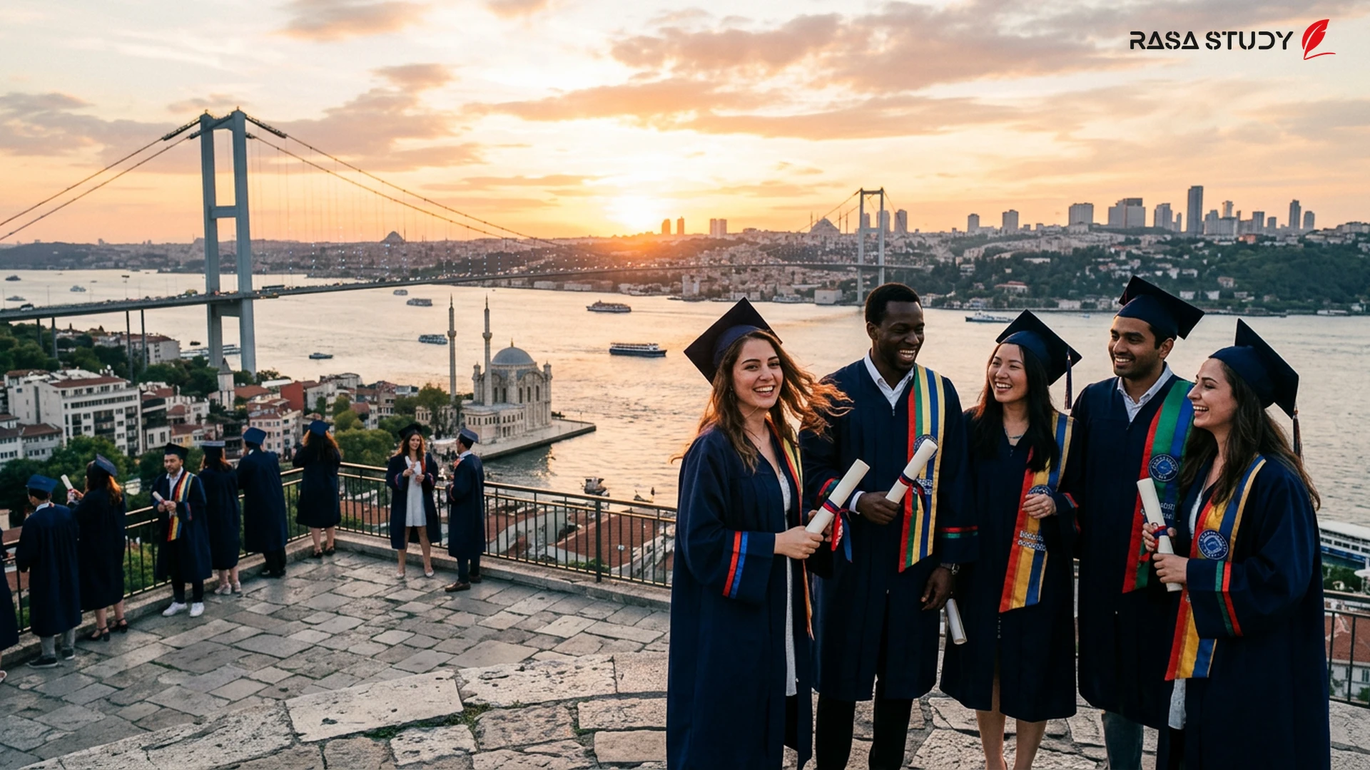 İstanbul'daki törende resmi mezuniyet kıyafetleri içindeki öğrenciler