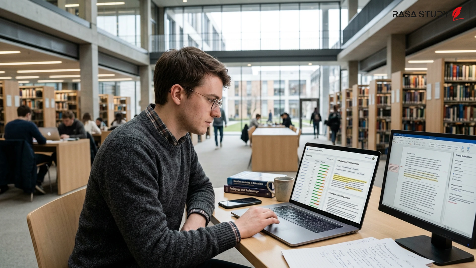 An image of a teaching assistant working with AI tools in a modern university setting