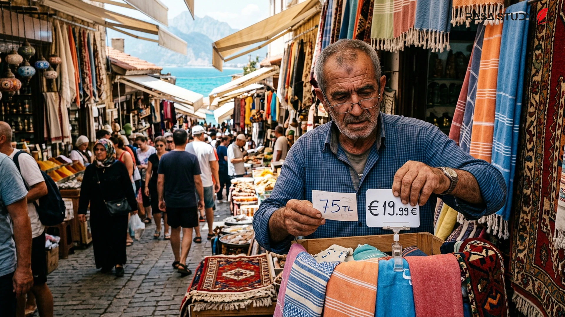 بازاری در آنتالیا با برچسب قیمتهای یورو