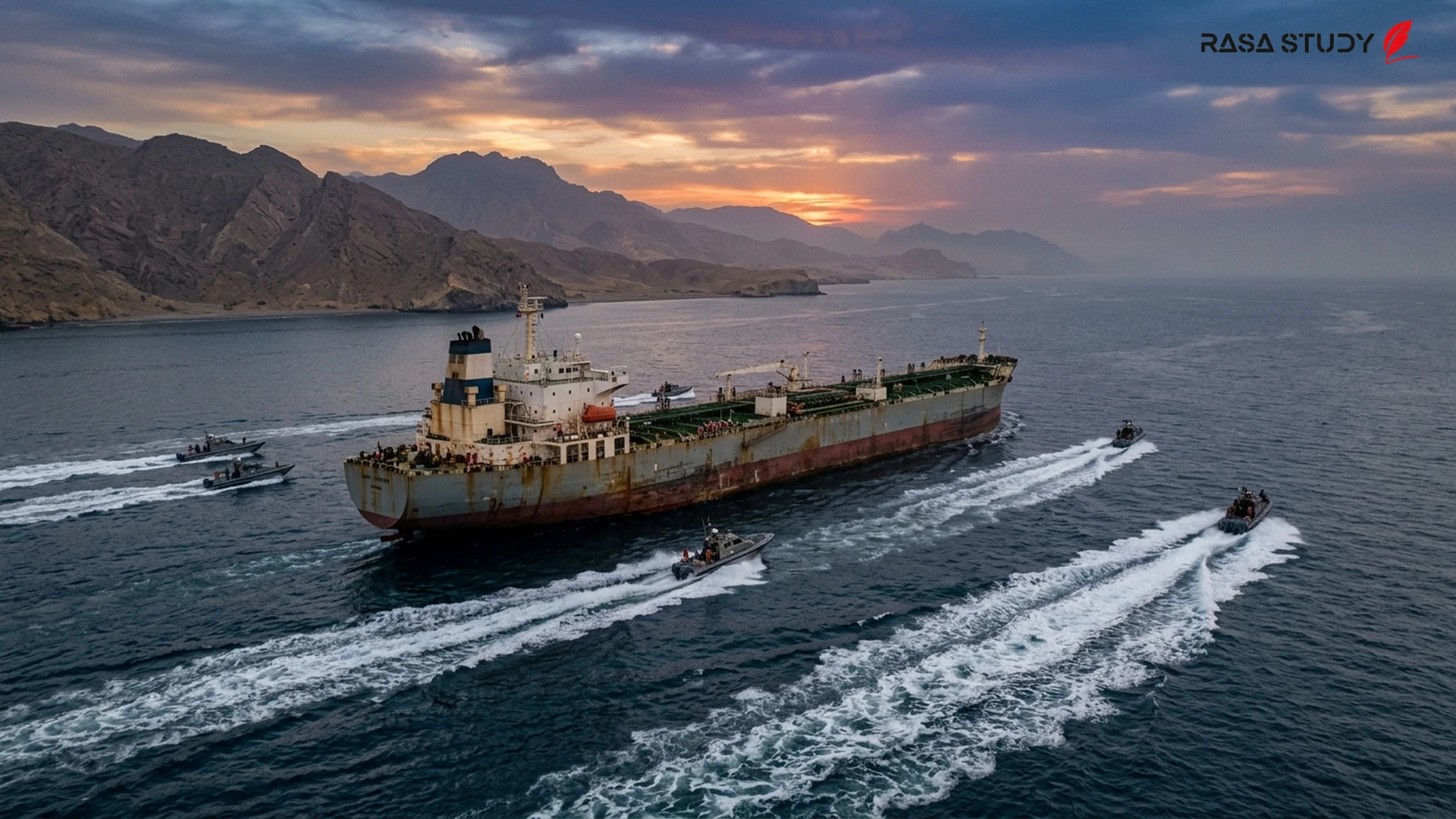 View of the Strait of Hormuz and transit of oil tankers under security measures