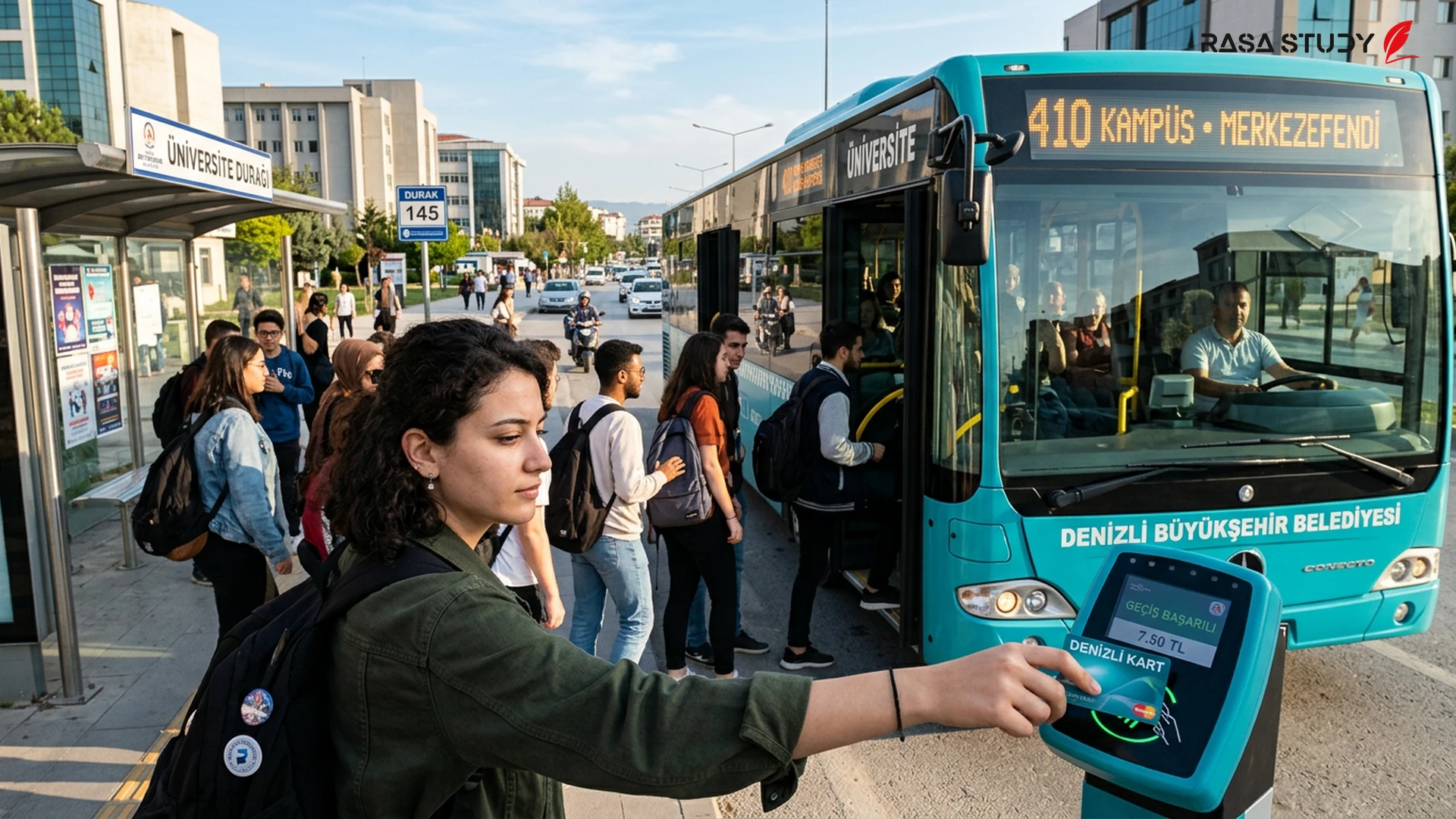 Öğrencileri taşıyan Denizli şehir içi otobüsleri