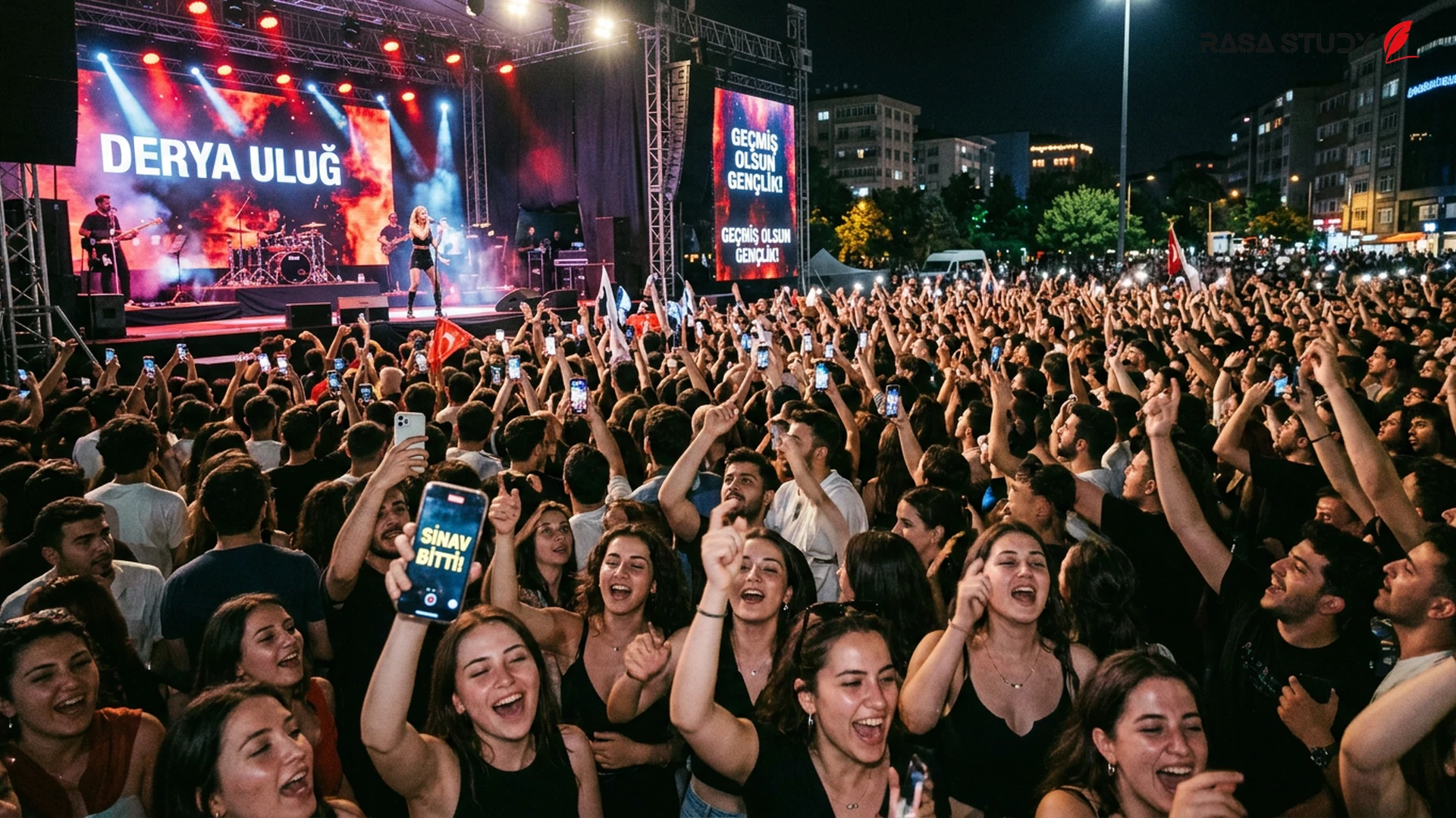 Derya Uluğ performing on stage at a concert for youth after the YKS exam