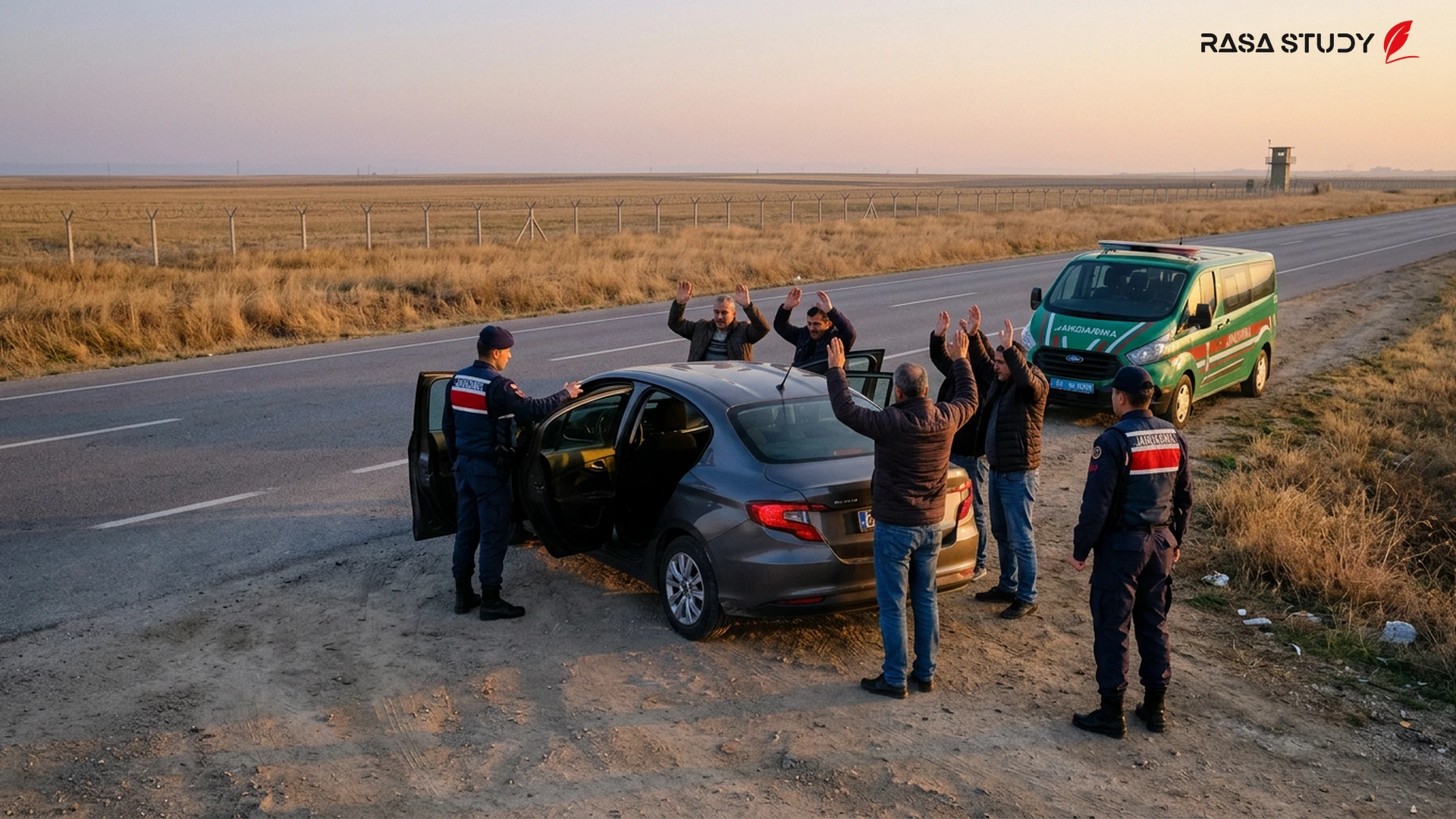Türk polis güçleri Edirne sınır yolunda bir aracı inceliyor