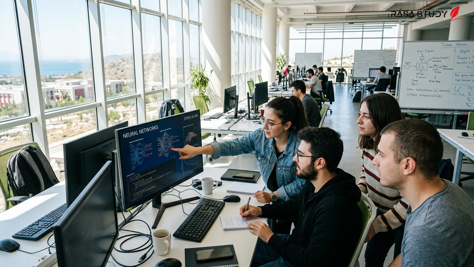 View of Ege University campus and Computer Science students working with modern equipment