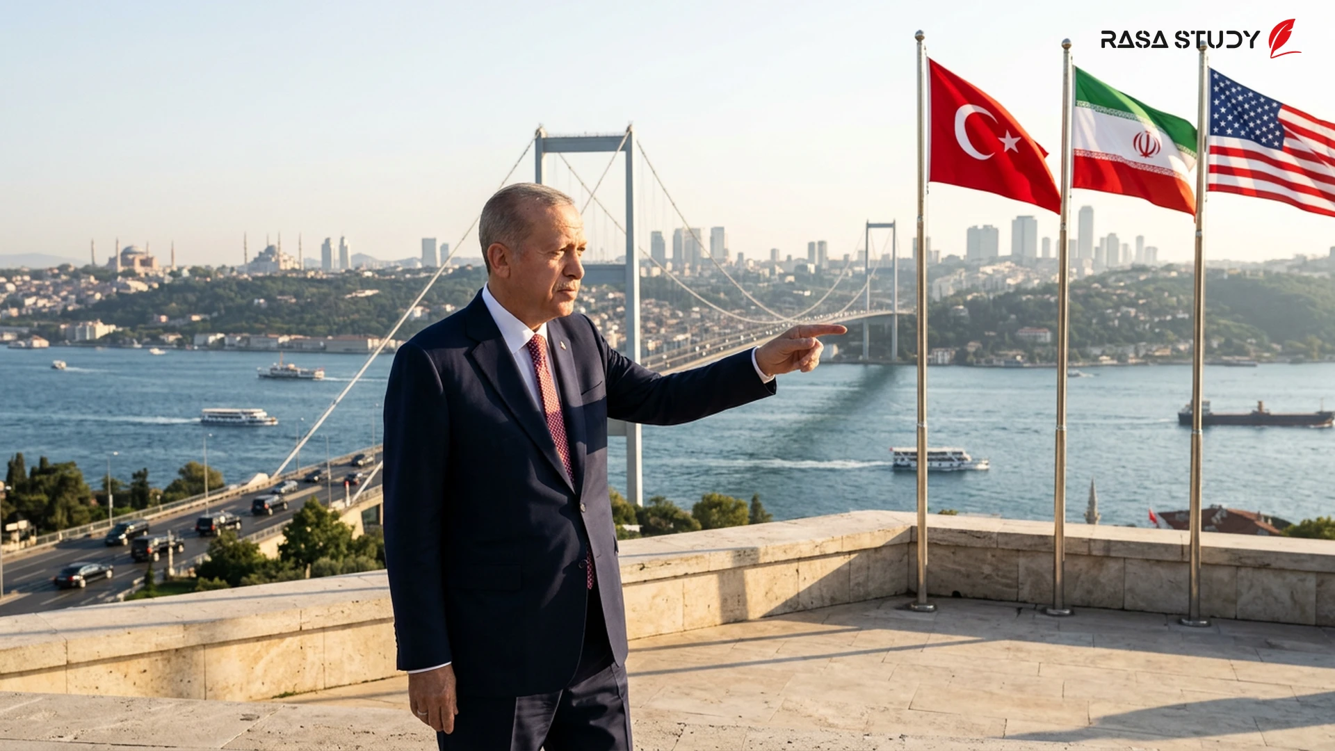رجب طیب اردوغان در حال سخنرانی درباره روابط بینالملل و میانجیگری میان ایران و آمریکا