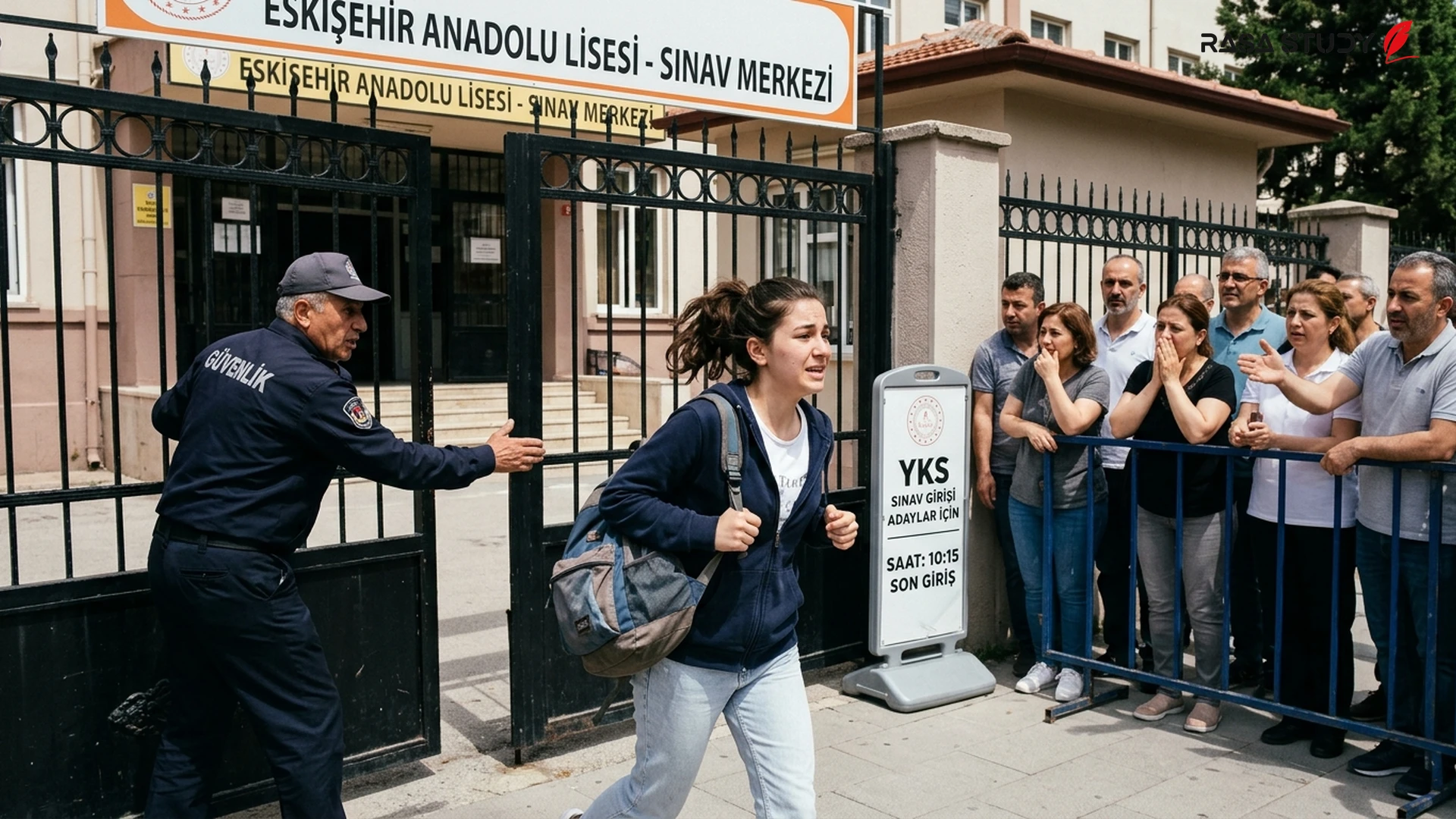 Students and parents in front of a school on LGS exam day in Eskişehir