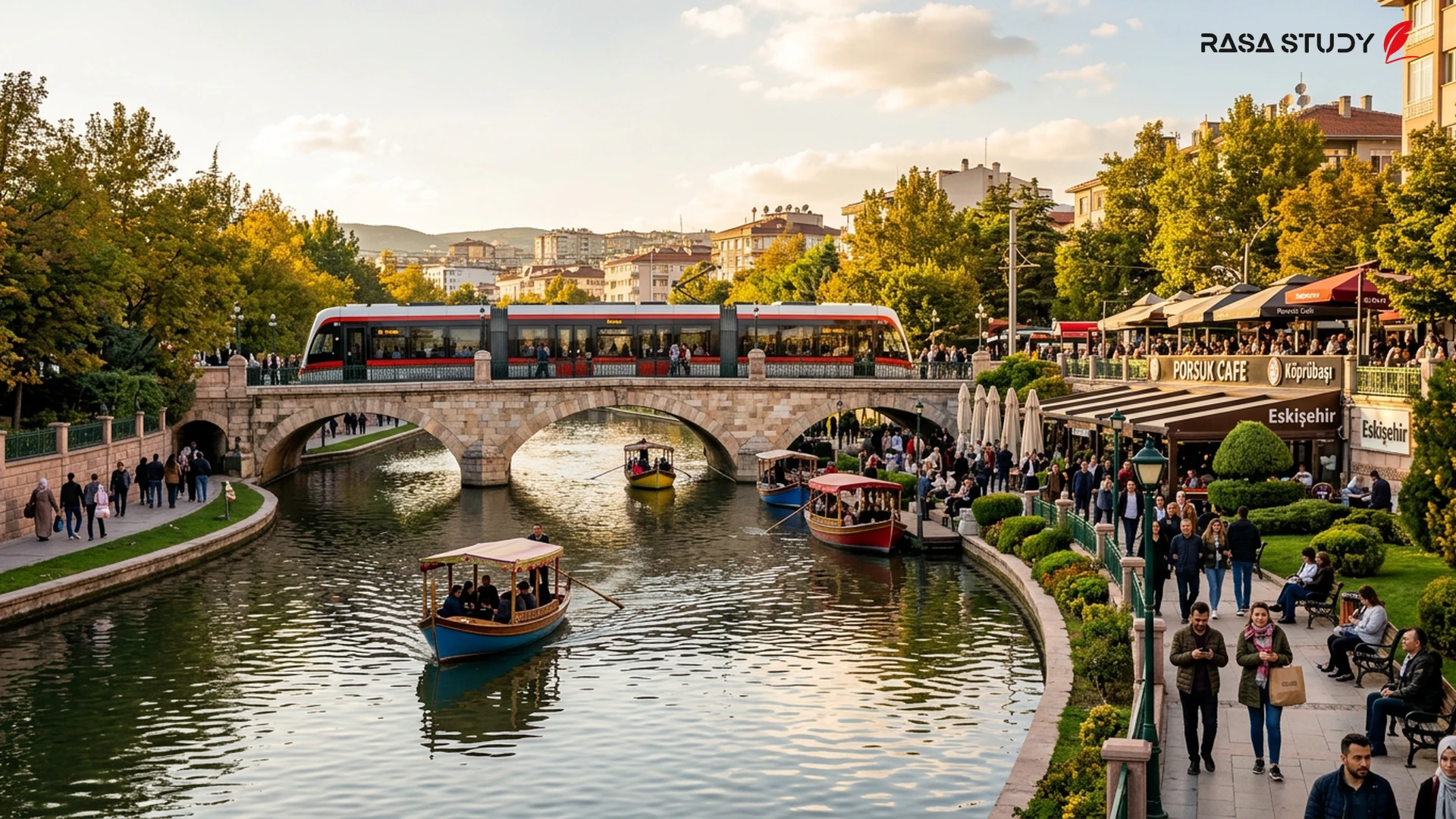 A beautiful view of the Porsuk River and pleasure boats in the city of Eskişehir, Turkey