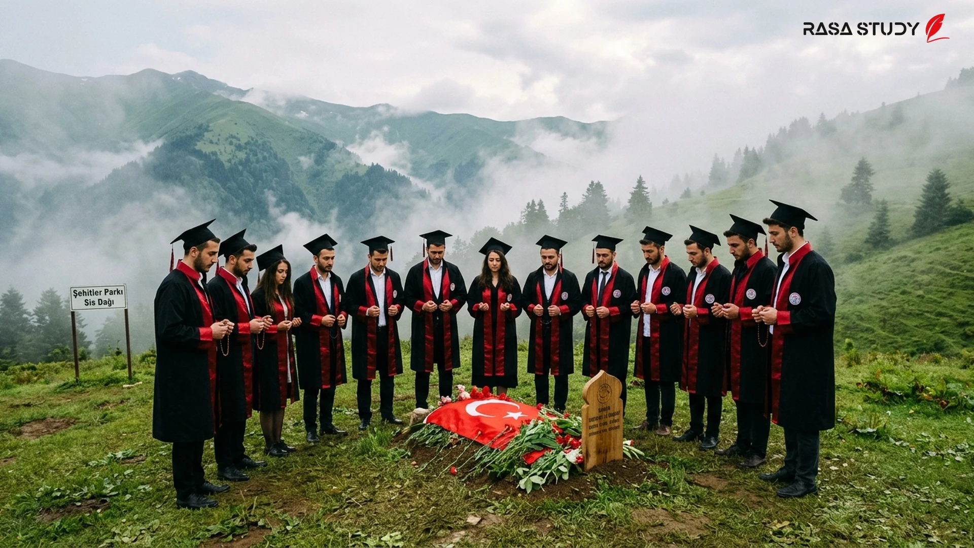 Giresun University students praying at a martyr's grave during the 2026 spiritual trip